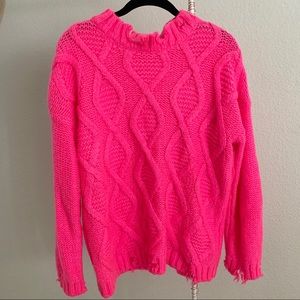 Neon Pink Distressed Cable Knit Sweater